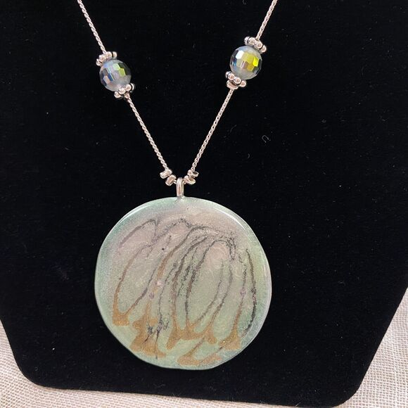 Chicos Statement Necklace Beaded Green Brown Silver Enameled Pendant Reversible - Picture 3 of 9